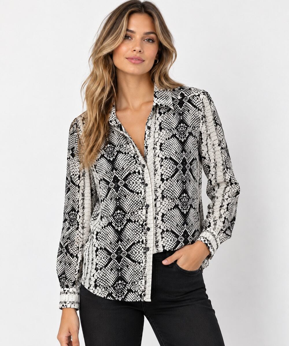 The Shirt Rochelle Behrens Snake Print Button Down Blouse Black White M